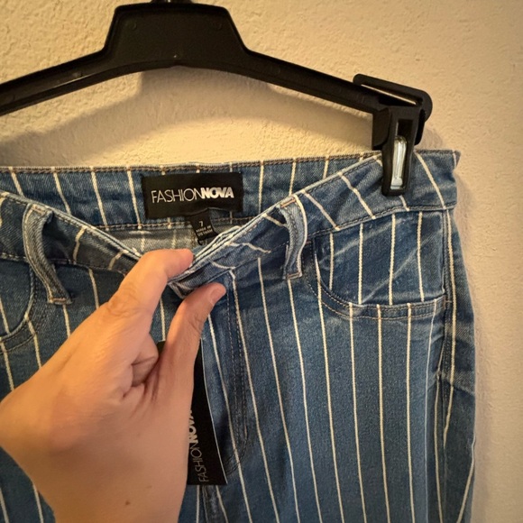 NWT Fashion Nova stripped blue bell bottom stretch jeans - Picture 3 of 7